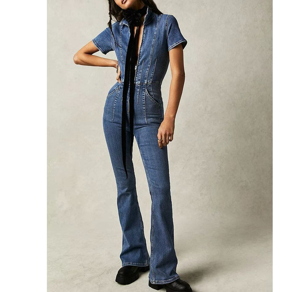 We The Free Pants - We The Free Jayde Sunburst Blue Denim Flare Leg Jumpsuit L One Piece Free People